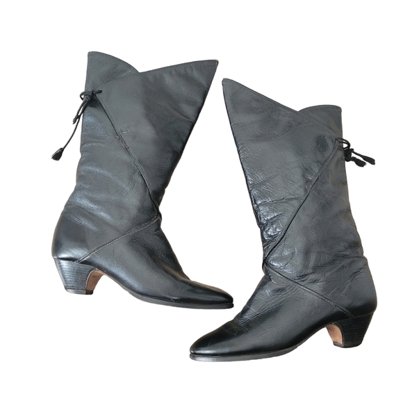 Vintage 80's black genuine leather mid calf boots Size 7 - Picture 4 of 16